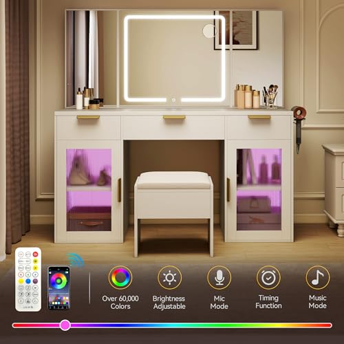 DWVO 56" Vanity Table Set with Tri-Fold Mirror & LED Lights, Makeup Vanity Desk with RGB Glass Cabinets, Storage Drawers, Shelves, Built-in Power Strip, Cushioned Stool for Dressing Room, White DWVO