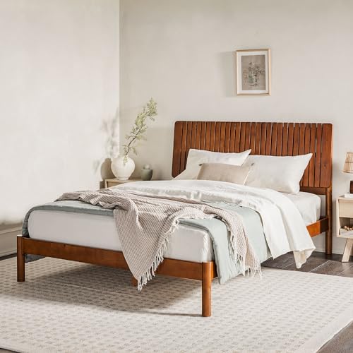 Walker Edison Queen Transitional Vertical Slatted Headboard Solid Wood Bed, Queen Size, Brown Walker Edison