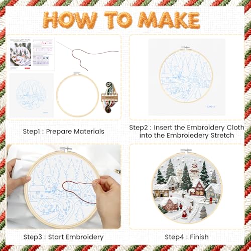Christmas Embroidery Kit for Adults & Beginners - Gnomes & Cross Stitch Patterns, Cotton, Threads, Needles & Instructions (4 Pcs)
