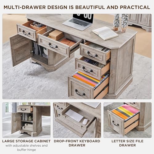 T4TREAM 59" Farmhouse Executive Desk with Drawers,Wood Home Office Computer Desk, Featuring Keyboard Tray,Charging Station,File Drawer, Storage Cabinet,for Work and Study (Light Rustic Oak) T4TREAM