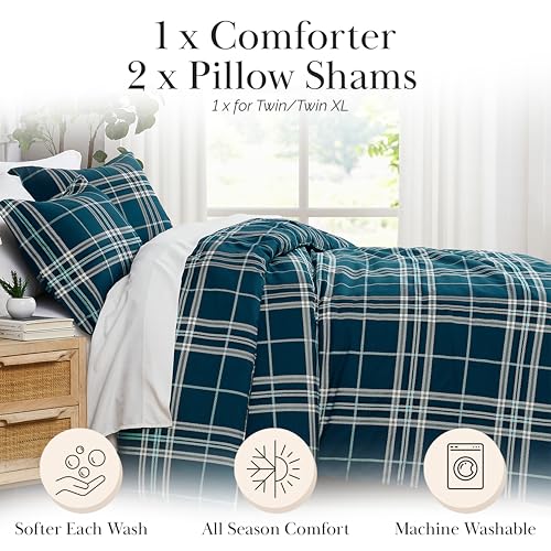 Southshore Fine Living, Inc. Vilano Plaid Collection - King Comforter Set, Premium Bedding, All-Season Down Alternative, Soft Coverlet, Oversized 3-Piece California King Size Comforter Set, Blue