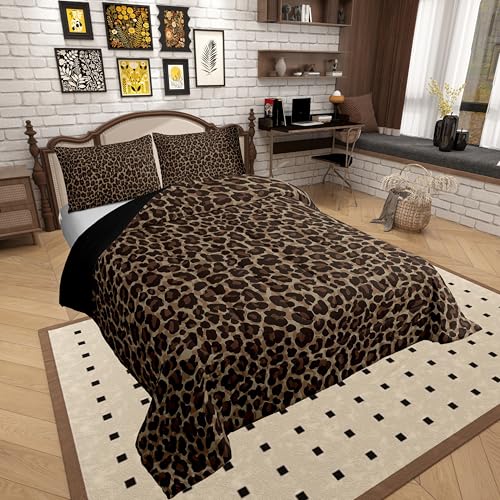 Erosebridal Cheetah Print Queen Comforter Set for Teens Adults,Brown Leopard Bedding Set,Animal Skin Texture Down Comforter,Rustic Bed Set with 2 Pillowcases Microfiber Soft Erosebridal