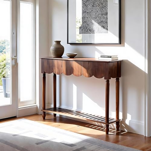 UACSYBH Wood Scalloped Console Table with 3 PCS Drawers, Narrow Entryway Table with Storage Shelf, Mid-Century Hallway Accent Table, Behind Couch Sofa Table Space-Saving (46.4" - 3 Drawers) UACSYBH