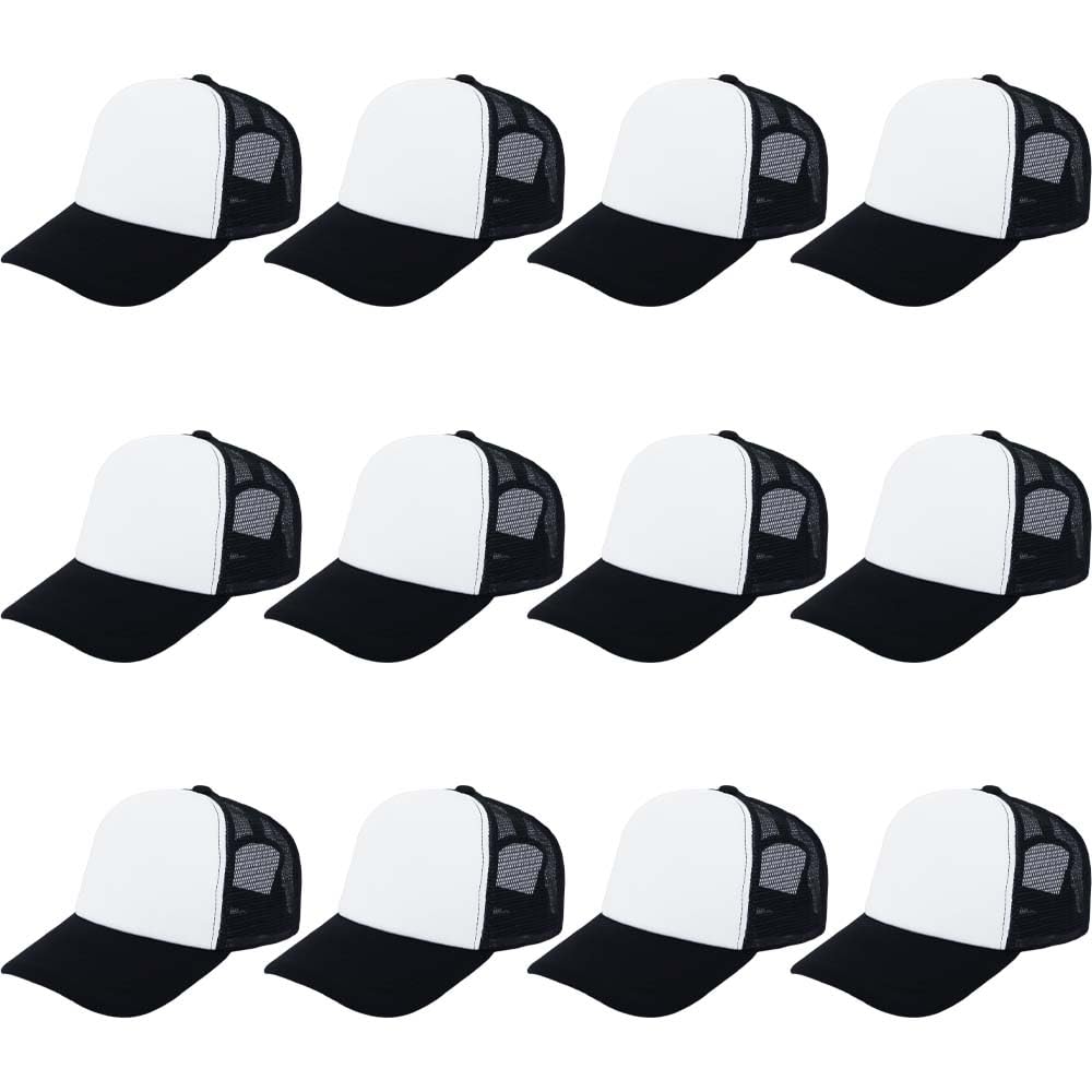 ZH 12 Pcs Sublimation Trucker Hats Blank Mesh Baseball Cap Polyester Bulk Mesh Trucker Hat for Men and Women Black ZH