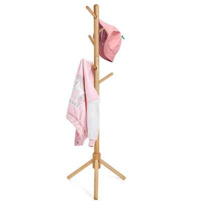 Cozivolife Kid's Coat Rack Stand Beech Wood Clothes Tree, Height Adjustable Freestanding Child Jacket Holder with 9 Hooks, Hanging Hats and Handbags, Hallway, Entryway,Bedroom, Easy Assembly (Natural)