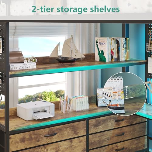 Loft Bed with Desk,Full Size loft bed, Loft Beds Full Size with 5 Fabric Storage Drawers & Stairs,Charging Station&LED Lights,Metal Bunk Bed with Desk, Removable Guard Ladder, Noise Free, Brown BYSAUD