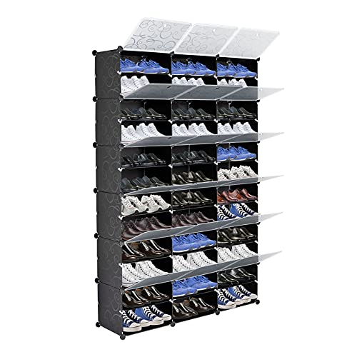 Gainvieyee 12-Tier Portable 72 Pair Shoe Rack Organizer, 36 Grids Tower Shelf Storage Cabinet Expandable Stackable Space with Door for Heels, Boots, Slippers Black Gainvieyee