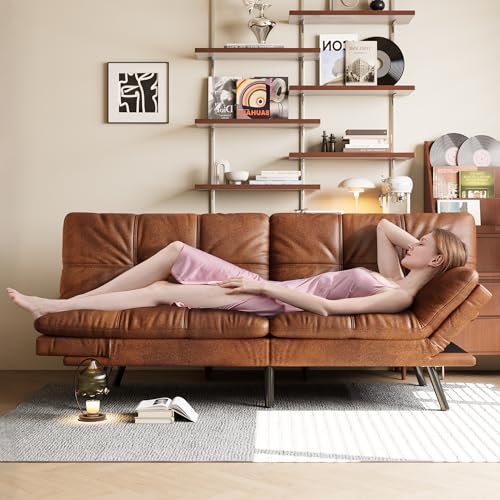 Opoiar 71" L Covertible Futon Sofa Bed,Faux Leather Futon Couch, Memory Foam Modern Loveseat Sleeper, Small Splitback Sofa Couches for Living Room,RV,Home Office,Apartment,Brown Opoiar