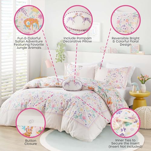 Intelligent Design Kids Cotton Queen Duvet Cover Set, Jungle Animals Fun Safari Adventures, Cotton Comforter Cover, All Sasons Bedding Reversible Duvet, Sham & Pillow, Lulu, Full/Queen Purple 4 Piece Intelligent Design