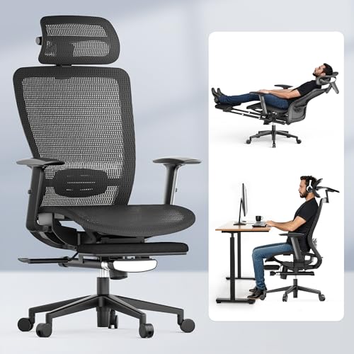 FLEXISPOT Ergonomic Office Chair with Footrest, Mesh High Back Computer Chair, Home Office Desk Chairs, with Adjustable Lumbar Support/4D Headrest/Reliable Base, Breathable Mesh Seat, Black, OC3 AIR-F FLEXISPOT
