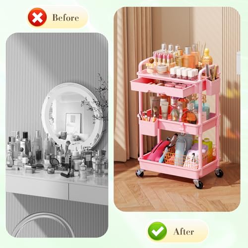 SUNALLY Makeup Cart Organizer with Drawers, Floor Skincare Organizers Vanity Storage Organizer, Rolling Makeup Bathroom Storage Cart Cosmetics Display Cases for Skin Care Perfume Nail Polish, Pink