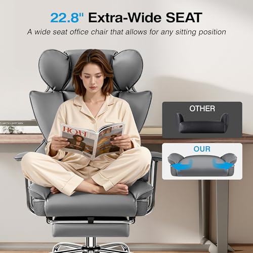 ALLGOD Office Chair Comfy, Big and Tall Executive Leather Chair, High Back Ergonomic Wide Chair with Footrest, Reclining Computer Desk Chair, Heavy Duty Gaming Chair with Padded Arm and Pillow, Grey ALLGOD