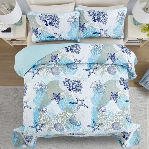 Dinjoy Coastal Quilt Set Twin Size, Blue Ocean Beach Themed Bedding Set Coral Seashell Conch Starfish Pattern Microfiber Lightweight Summer Bedspread Coverlet Bed Set All Season(68x86 Inch) Dinjoy