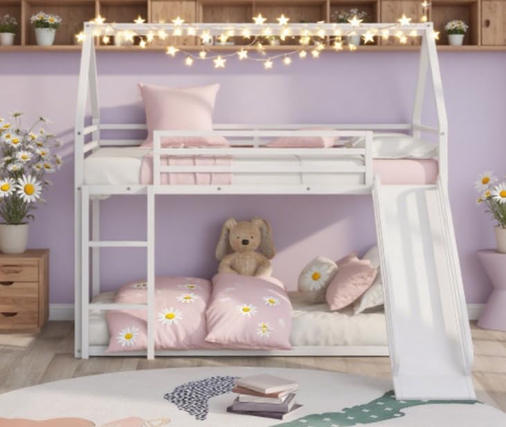 Bellemave Metal Bunk beds Twin Over Twin Size, Twin bunk beds with Slide and Ladder for Kids, Floor bunk Bed, House bunk Bed for Kids,White Bellemave