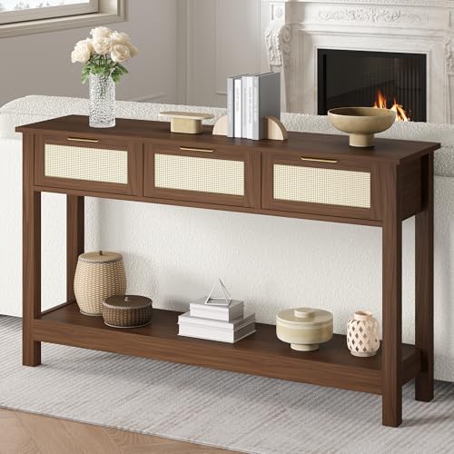 Luoxiao Console Table for Entryway with 3 Rattan Drawers Boho Entry Table with Storage Open Shelf, Narrow Long Sofa Tables for Living Room, Hallway, Foyer, Couch, Front Door, Walnut, 47 Inch Luoxiao