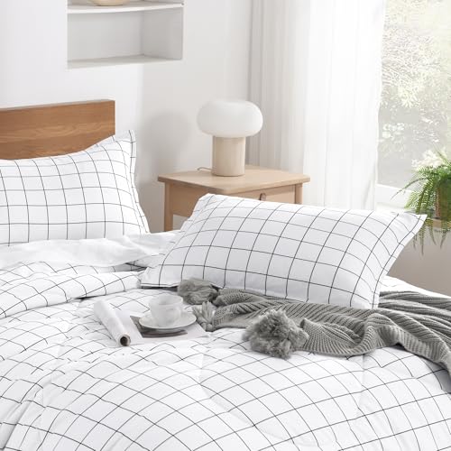 Andency Twin Comforter Set, White Gingham Plaid Grid Checkered Twin Bed Comforter Set for Dorm Boys Girls Teens Kids, 2 Pieces Lightweight Reversible Preppy Bedding Sets(66x90 Inch) Andency