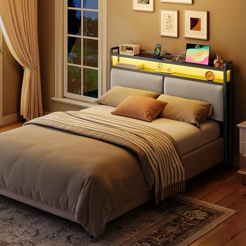 HOOBRO Queen Size Upholstered Headboard, Storage Headboard with Charging Station and Adjustable LED Lights, 2 Standard Outlets and 2 USB Ports, Queen Headboard Only, Easy Assembly, Black and Gray HOOBRO