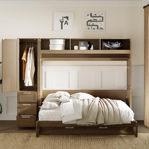 Harper & Bright Designs Full Size Murphy Bed with Wardrobe, Drawers and Open Shelves, Wooden Full Platform Bed, Hidden Foldable Bed Frame, Wall Bed for Home Office or Small Room,Antique Wood Harper & Bright Designs
