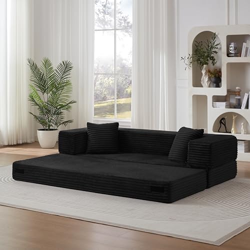 KEIKI 78" Futon Folding Sofa Bed, 4-in-1 Boneless Couches for Living Room, Oversized Comfort Corduroy Upholstered Sleeper Pull Out Bed for Small Space Bedroom Lounge, Removable Armrests, Black KEIKI