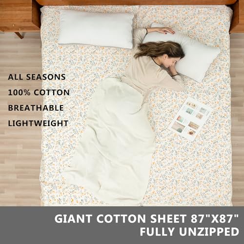 Exermil 100% Cotton Sleeping Bag Liner with Full Length Zipper on 3 Sides; Single/Double Adult Sleep Sack for Travel & Camping, Multifunctional Travel Sheets (Unzipped 87”x87”) for Hotel, Lightweight EXERMIL