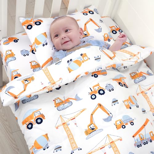JISEN 3 Piece Crib Bedding Set Soft Baby Crib Bedding Set Construction Trucks Crib Comforter Set - Comforter Sheet Pillowcase Nursery Bedding Sets for Baby Girls or Boys JISEN