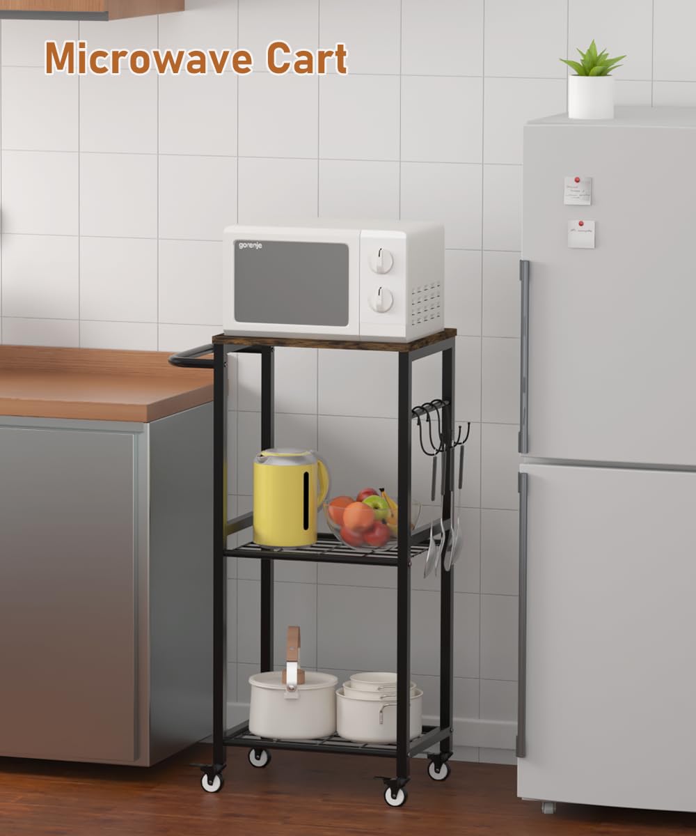 Sungaryard 3-Tier Rolling Kitchen Cart Microwave Stand on Wheel, Movable Coffee Bar Cart with Metal Handle, Bakers Rack with 8 Hooks Utility Cart for Living Room, Bedroom, Bathroom, Office, Black Sungaryard