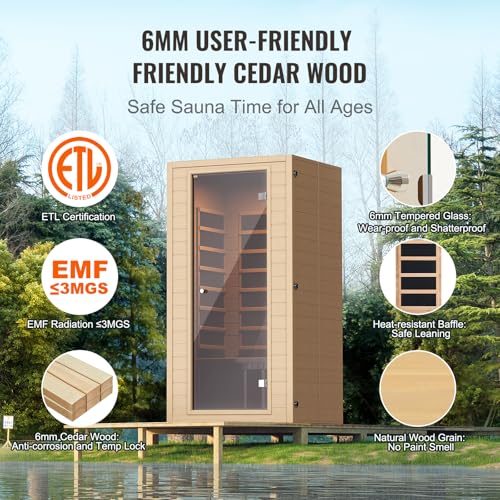 VEVOR 1 to 2 Person Far Infrared Wooden Sauna, Room Home Sauna Spa, Low EMF Far Infrared Hemlock Wood Sauna with Tempered Glass Door & Multicolor Lamp & Bluetooth Speakers & Chromotherapy Lights VEVOR