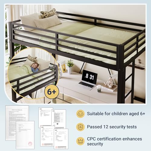 Allewie 72 Inches Tall Loft Bed Twin Size with Ladder and Safety Guardrail for Teens and Adults, Heavy Duty Metal Single Loft Bed for Small Space, Noise Free, Black Allewie