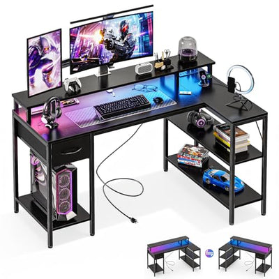 DUMOS 53” Gaming Desk with USB Charging Ports & LED Lights, Reversible L Shaped Desks Computer Corner Gamer Table with Power Outlets Monitor Stand Storage Shelves for Home Office Small Space, Black
