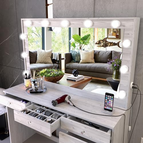 Boahaus Isolde Large Greige Makeup Vanity Desk with Lights, 7 Drawers, USB and Power Outlet, Large Top, Vanity Mirror with Lights Built-in, Farmhouse, Crystal Knobs, 58.2'' H x 47.2'' W x 17.7'' D Boahaus