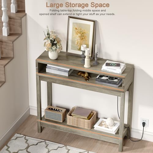 REDAYFUR Console Table with Charging Station, 38” Narrow Side Foldable Sofa Table with Shelves, Side Table with Charging, Entryway Table with Anti-Tip Design,Rustic,Rustic Gray REDAYFUR