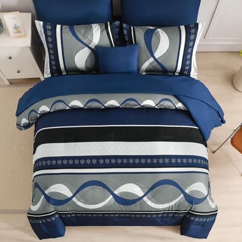 Anibedding Navy Blue Comforter Set Queen Size,8 Pieces Boho Bed in a Bag Patchwork Striped Comforter Set, Soft Microfiber Bedding Set for All Season(90"×90") Anibedding