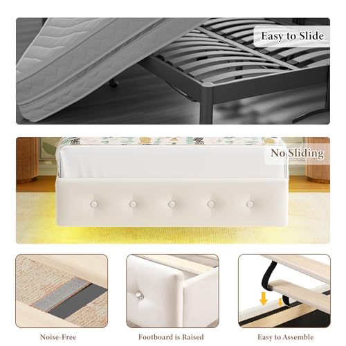 Keyluv Twin Bed Frame Butterfly-Pattern Upholstered Headboard, Modern Floating Bed with LED Lights Button Tufted on Headboard and Footboard, Slats Support No Box Spring Needed, Noise-Free, Beige Keyluv