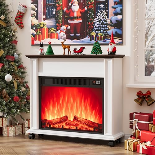 Electric Fireplace with Mantel, Farmhouse Electric Fireplaces TV Stand, White Fireplace Entertainment Center with 23 inch Heater and Removable Roller for Living Room, Bedroom HDDDZSW