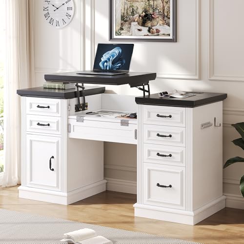 Jocoevol Farmhouse 57" Lift Up Executive Desk with 5 Drawers and Charging Station, Wood Home Office Computer Desk with File Cabinet Storage, Keyboard Tray,Headphone Hook for Work,Study (White+Black) Jocoevol