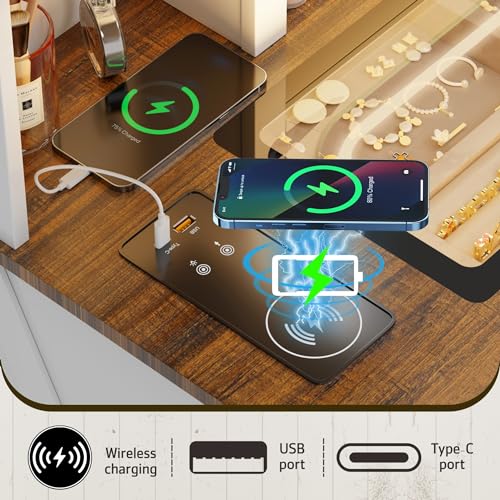 GlasFlength Farmhouse Makeup Desk with Mirror & Light 40'' Glass Tabletop Table with 2 Drawers & Hidden Jewelry Cabinet Rustic Big Vanity Charging Station Set Stool Included Bedroom, Vintage White GlasFlength