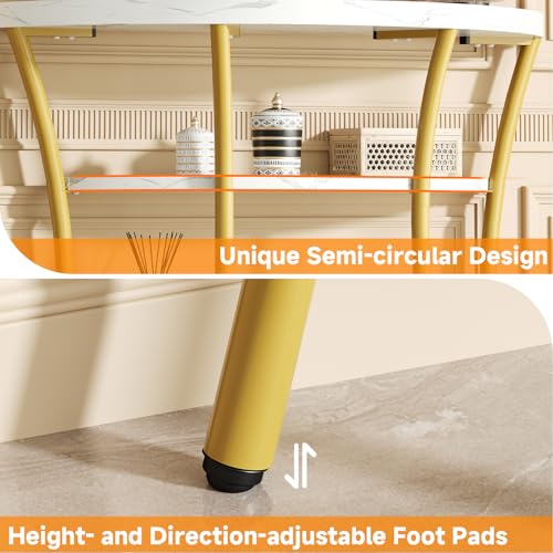 39.4" Console Table with Half Moon Wood Shelves, 3 Tier Modern Entryway Table with Curved Metal Frames, Narrow Sofa Couch Table for Hallway, Entrance, Living Room, Foyer, White Marble & Gold knoworld