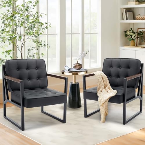 COLAMY Mid Century Modern Accent Chair Set of 2, Comfy Living Room Chair, Black Leather Accent Chair, Faux Leather Reception Armchair with Metal Legs for Living Room Bedroom Reception Office, Black COLAMY