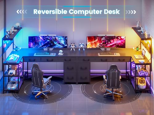 SEDETA L Shaped Gaming Desk, 47.2" Reversible Small Computer Desk with 5 Drawers and Storage Shelves, Corner Gaming Desk with LED Lights and Power Outlet, Black SEDETA