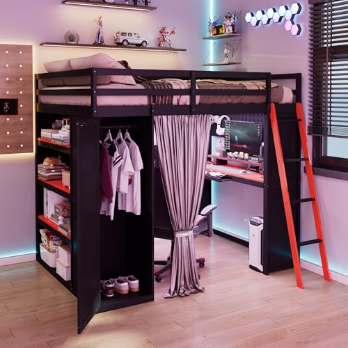 Gaming Loft Bed with Desk & Storage Shelves & Wardrobe & RGB Lighting,Full Size Wood Loft Bed Frame with Guardrail,DIY Pegboard,Curtains and Ladder,Esports Design for PC & Console Gamers,Black Red Harper & Bright Designs