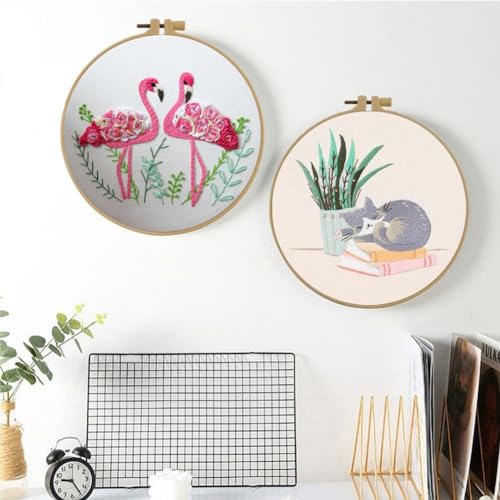 Esffaci Embroidery Starter Kit for Adult Beginner with Flamingo Plant Pattern Hand Embroidery Set with Embroidery Cloth Hoop Needles Colorful Floss and Instruction