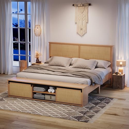 GarveeHome Natural Rattan King Size Bed Frame with Sliding Barn Door Storage Cabinets and Headboard, Boho Farmhouse Wood Platform Bed with Solid Wood Legs Support, No Box Spring Needed GarveeHome