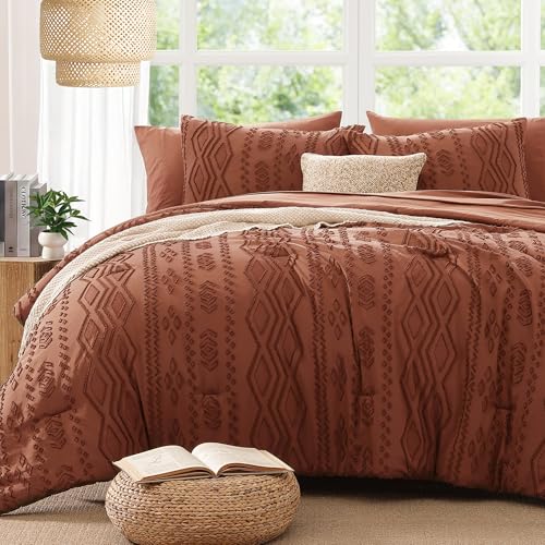 AMBERSPACE Queen Comforter Set Autumn Leaf, Tufted Boho Bedding Farmhouse Bed Set, All Season 7 Pieces Bed in a Bag with Sheets, Pillowcases & Shams AMBERSPACE