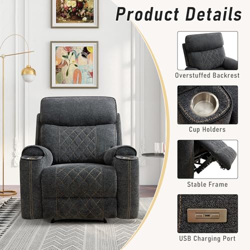 HAOMARKETS Electric Recliner Chair, Soft Fabric Power Recliners with Metal Cup Holders, Single Overstuffed Heavy Duty Reclining Sofa Chairs for Living Room Bedroom, Dark Grey