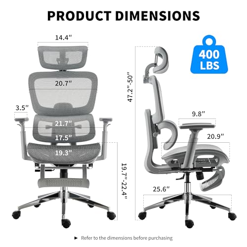 hujusko Mesh Ergonomic Office Chair with Footrest,High Back Mesh Gaming Chair with Lumbar Support,Adjustable Headrest and Armrests for Home Office Desk Chair (Modern, Grey) hujusko