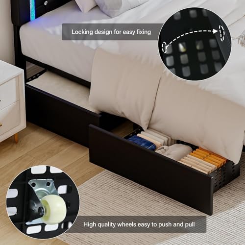 BarnFurin Twin Bed Frames with LED Lights and Storage Drawers, Upholstered Bed Frame with Diamond Headboard, Faux Leather Modern Platform Bed, Wooden Slats Support, No Box Spring Needed, Black BarnFurin