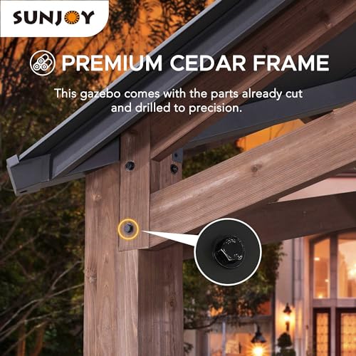 Sunjoy 12.5 x 12.5 ft. Hardtop Gazebo Outdoor Cedar Frame Wood Gazebo with Steel 2-Tier Hardtop Roof and Ceiling Hook, Black by SummerCove Sunjoy