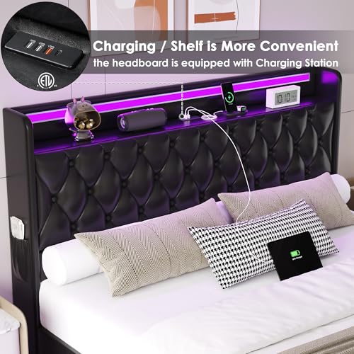 Keyluv King Floating Bed Frame with LED Lights & Charging Station, Upholstered PU Leather Platform Bed with Button Tufted Storage Headboard, No Box Spring Needed, Noise-Free, Easy Assembly, Black Keyluv
