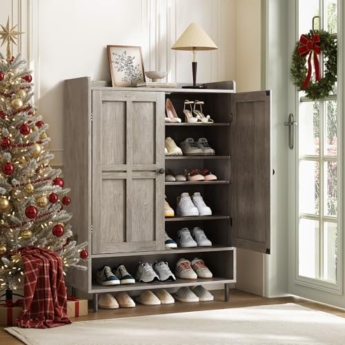 ComfyCorner Grey 7+1 Tier Farmhouse Shoe Storage Cabinet - 45" Tall Entryway Organizer with Cross Molding Doors, 3 Adjustable Shelves & Metal Legs, Shoe Rack for Front Door Entrance ComfyCorner