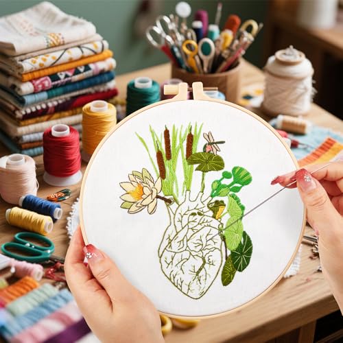 Crafmanoe Embroidery Kits for Beginners Adults, Heart Embroidery Starter Kits Counted Cross Stitch Kits for Beginners Adults Hobbies Set for Women, Embroidery Fabric, Thread, Hoops, and Video Tutorial